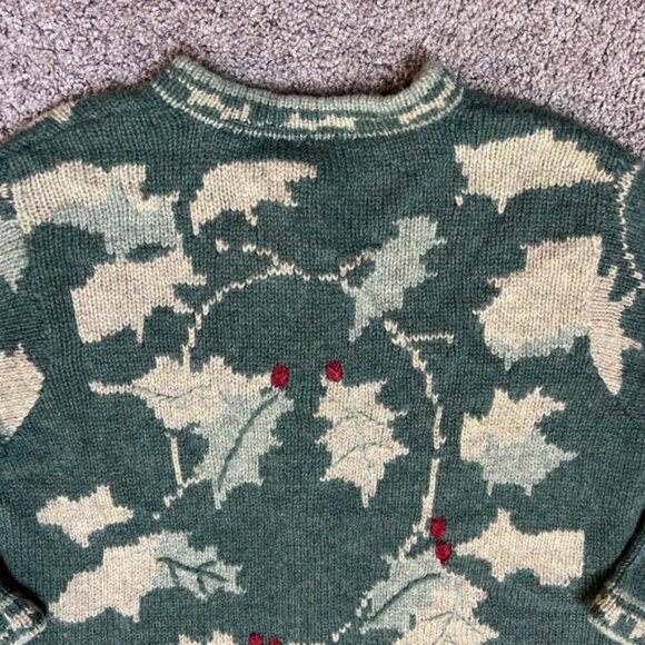 90s Vintage Susan Bristol Shetland Wool Cardigan Sweater Christmas Holly Size XL - Picture 8 of 11
